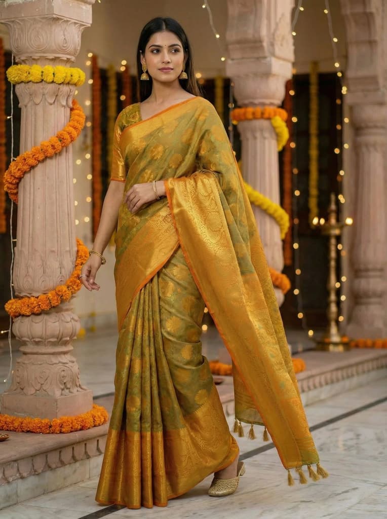 MIMOSA Women's Woven Design Kanjivaram Style Art Silk Saree with Blouse Piece - Mustard ( SA00003142MSFREE ) — photo 2