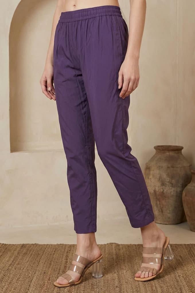 Purple Solid Rayon Straight Fit Ankle Length Mid Rise Pants