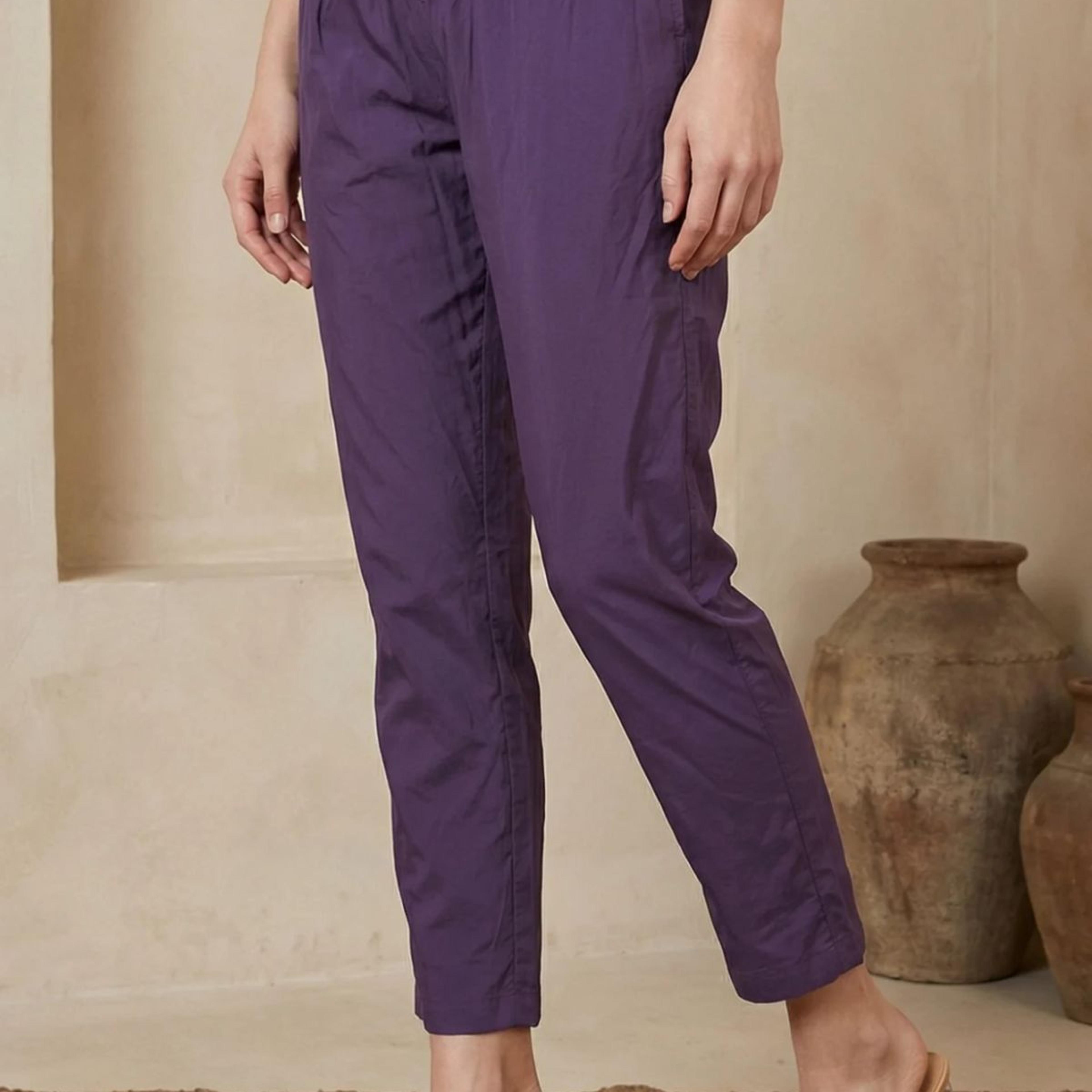 Purple Solid Rayon Straight Fit Ankle Length Mid Rise Pants