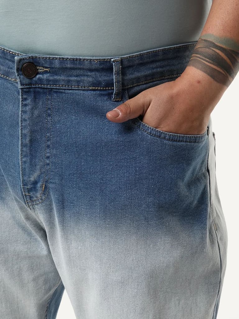 Plus Men's Light Blue Straight Fit Heavy Washed Faded Denim Jeans Stretchable — photo 6