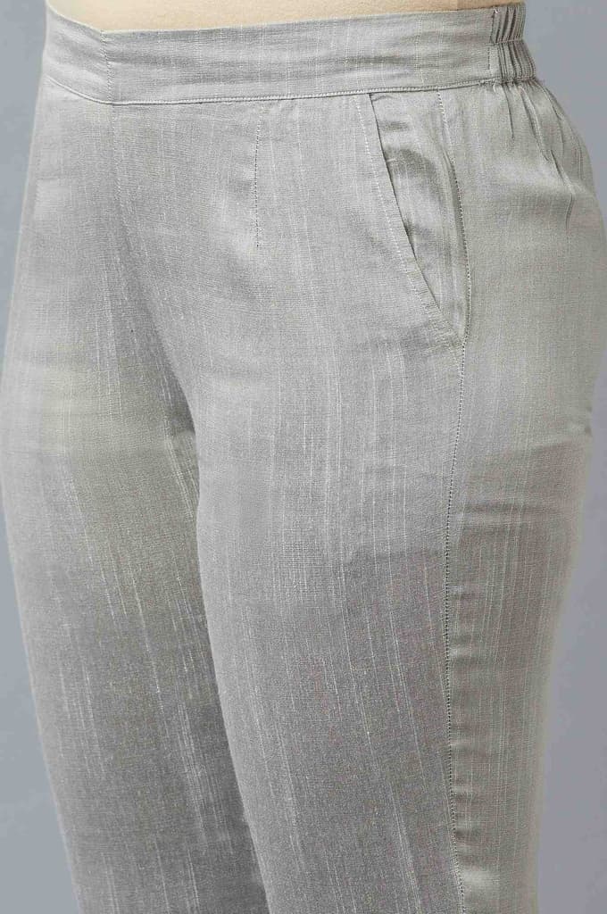 Grey Solid Straight Fit Trousers With Elasticated Waistband — photo 6