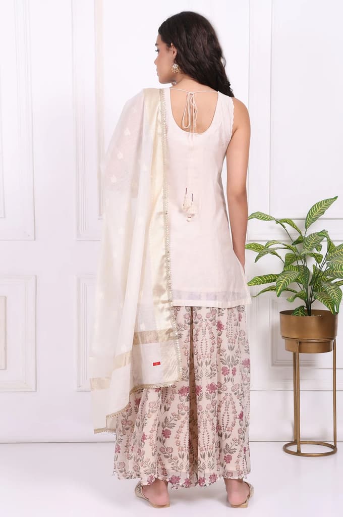 White Embroidered Straight Cotton Kurta with Flared Pant and Dupatta Set — photo 6