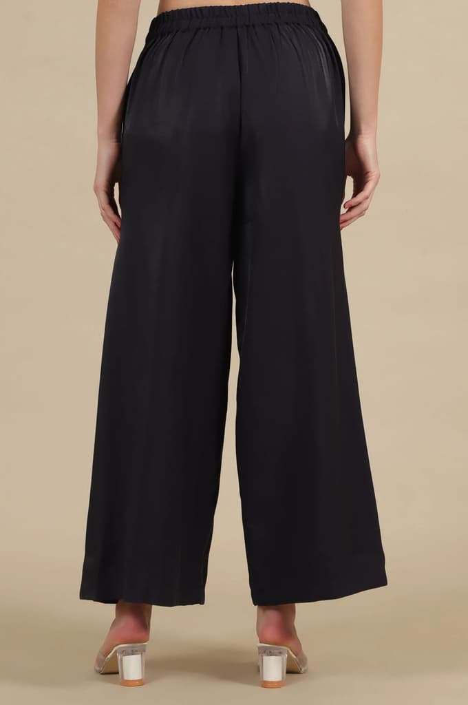 Blue Solid Flared Rayon Palazzo With Pleats — photo 3