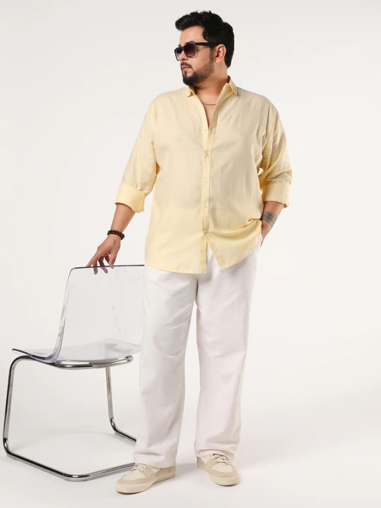 Plus Men's Tender Yellow Linen Blend Full Sleeve Relaxed Fit Casual Solid Shirt — photo 5