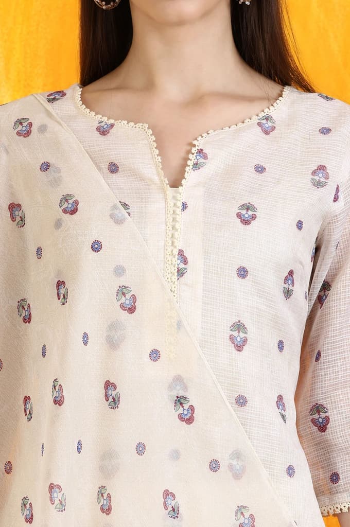 Light Beige Floral Printed Straight Kota Kurta, Pants and Dupatta Set — photo 4