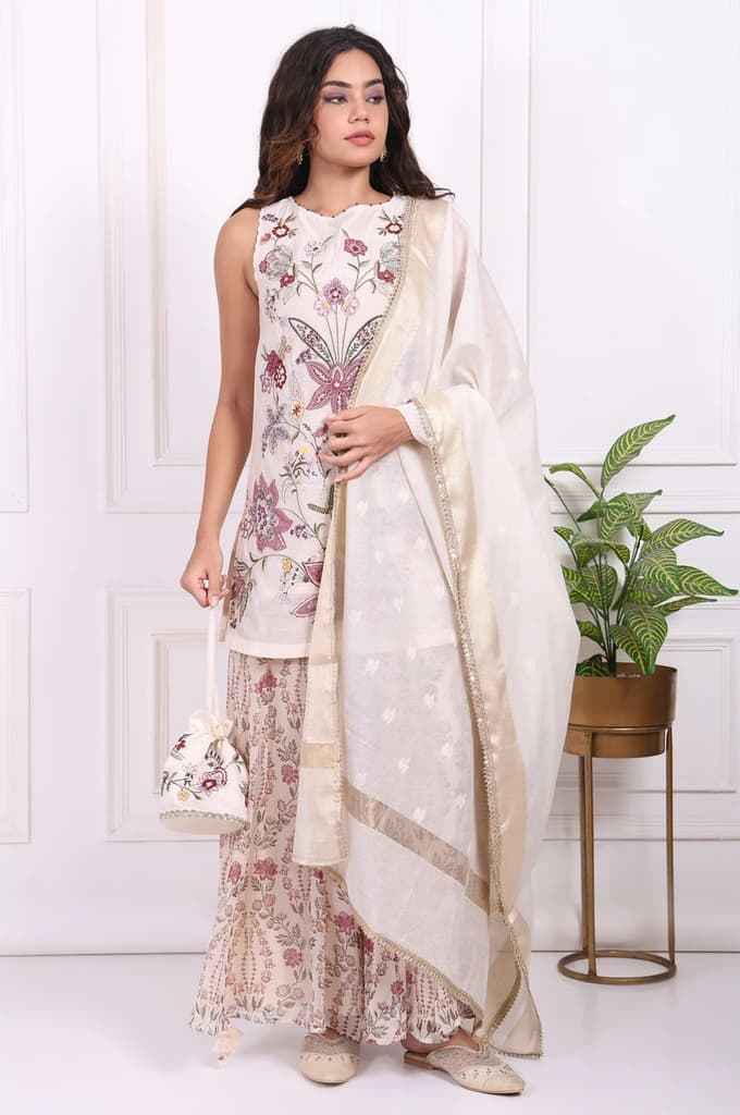 White Embroidered Straight Cotton Kurta with Flared Pant and Dupatta Set — photo 2