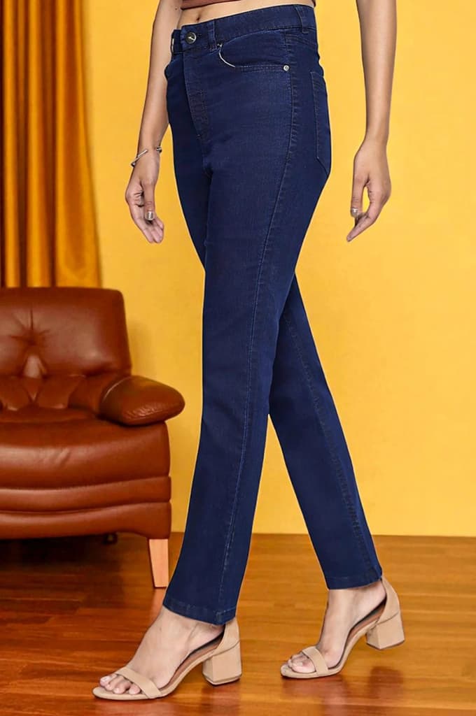 Blue Cotton Lycra Ankle Length Denim Straight Pants with YKK Zipper — photo 4