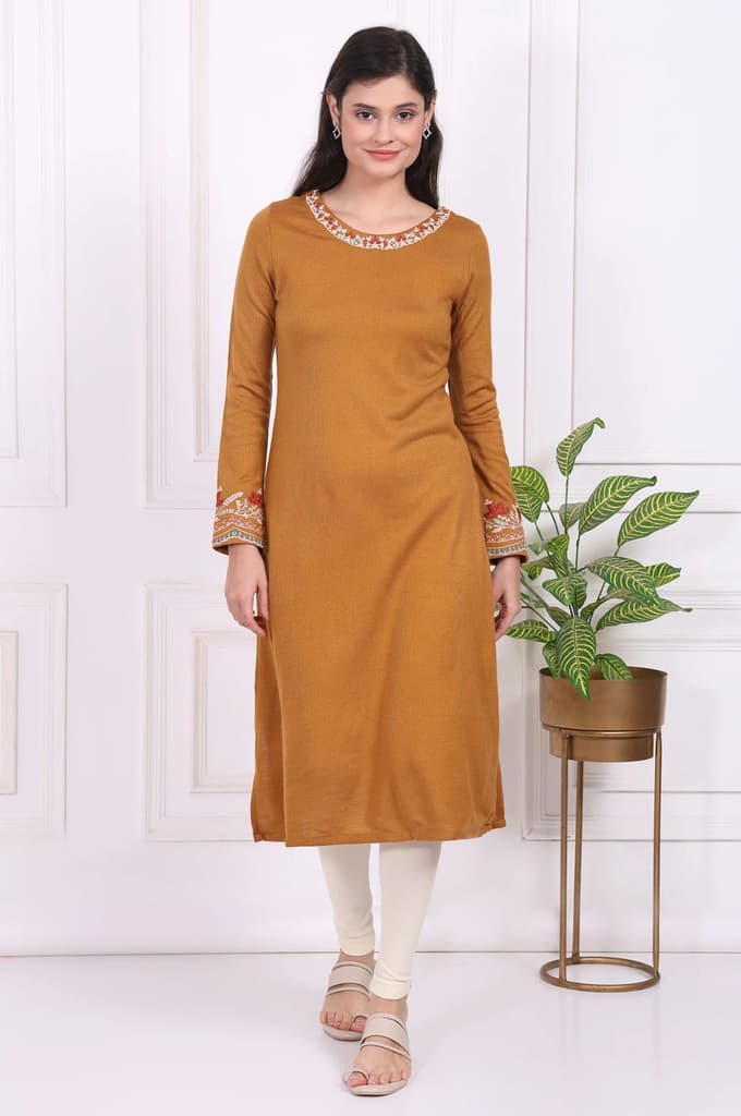 Mustard Solid Embroidered Acrylic Straight Kurta — photo 2