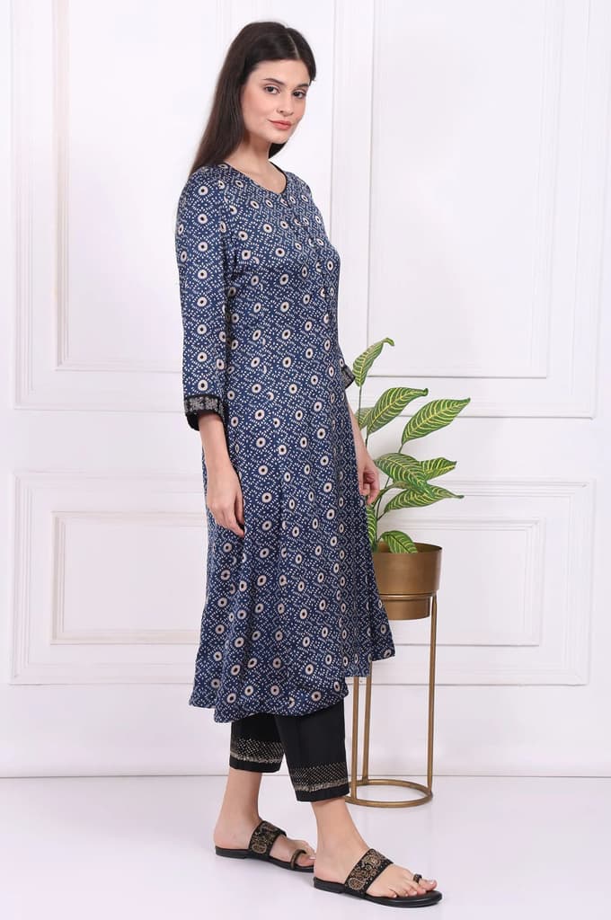 Navy Blue Geometric Printed Embroidered Modal Satin Straight Kurta — photo 6