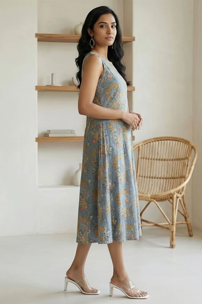 Blue Block Printed Pure Cotton A-line Dress — photo 4
