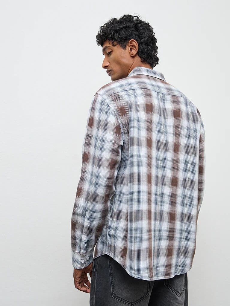 WES Casuals Brown Checkered Relaxed-Fit Cotton-Blend Shirt — photo 4