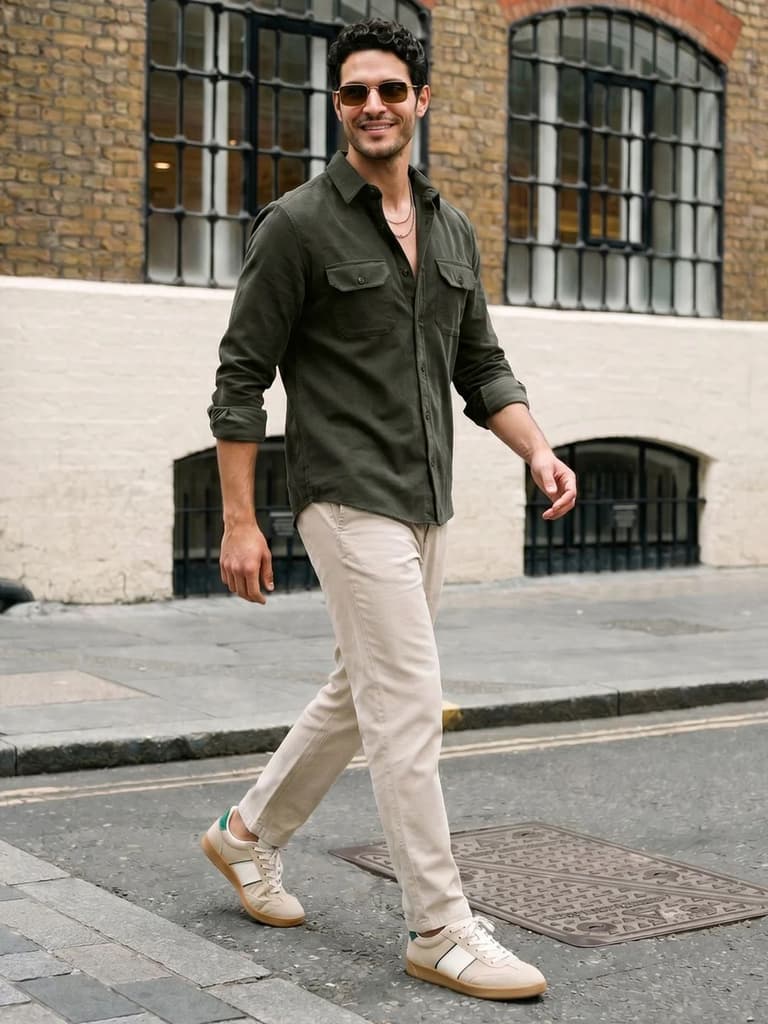 Men's Dark Olive Corduroy Full Sleeve Regular Fit Solid Overshirt with Utility Pockets — photo 4