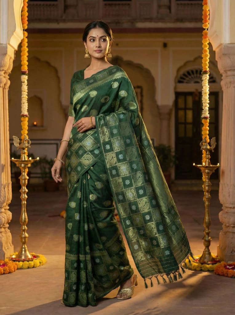 MIMOSA Women's Woven Design Banarasi Style Chiffon Saree with Blouse Piece - Green ( SA00003124GRNFREE ) — photo 2