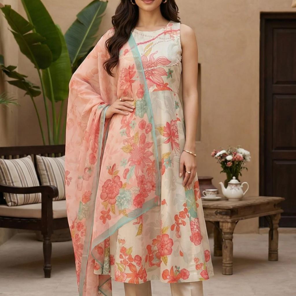 Cream Floral Printed Tissue Crepe Sleeveless Anarkali Kurta with Straight Pants and Dupatta Set