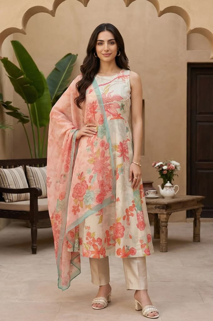 Cream Floral Printed Tissue Crepe Sleeveless Anarkali Kurta with Straight Pants and Dupatta Set — XS