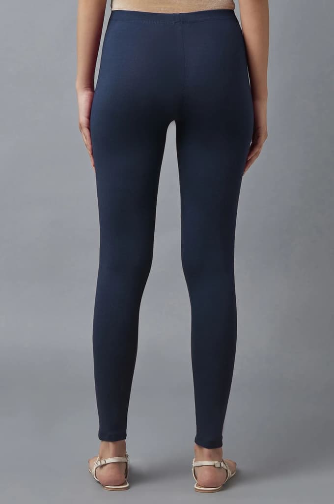 Navy Blue Solid Skinny Fit Cotton Tights With Elasticated Waist — photo 2