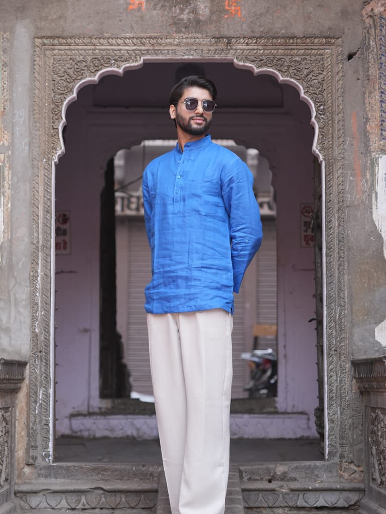 मोर पंखी (Mor Pankhi) - Men Peacock Blue Premium Linen Short Kurta — photo 10