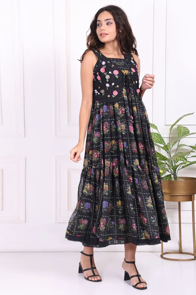 Black Floral Printed Embroidered Fit and Flare Georgette Dress with Waist Coat Set — photo 5