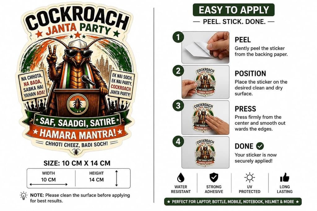 Cockroach Janta Party Premium Satire T7 Sticker | Funny Political Parody Vinyl Sticker | Waterproof Decorative Sticker for Laptop, Car, Bottle, Bike, Notebook, Helmet & Gift (10 cm / 14 cm)