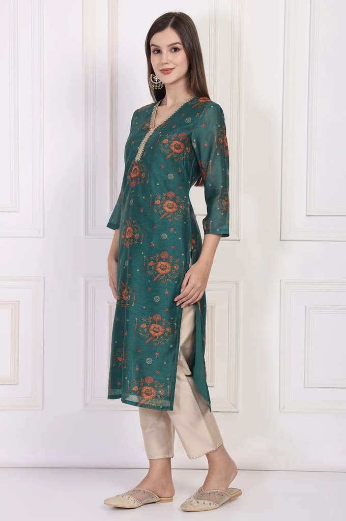 Teal Floral Printed Embellished Straight Silk Kurta — photo 4