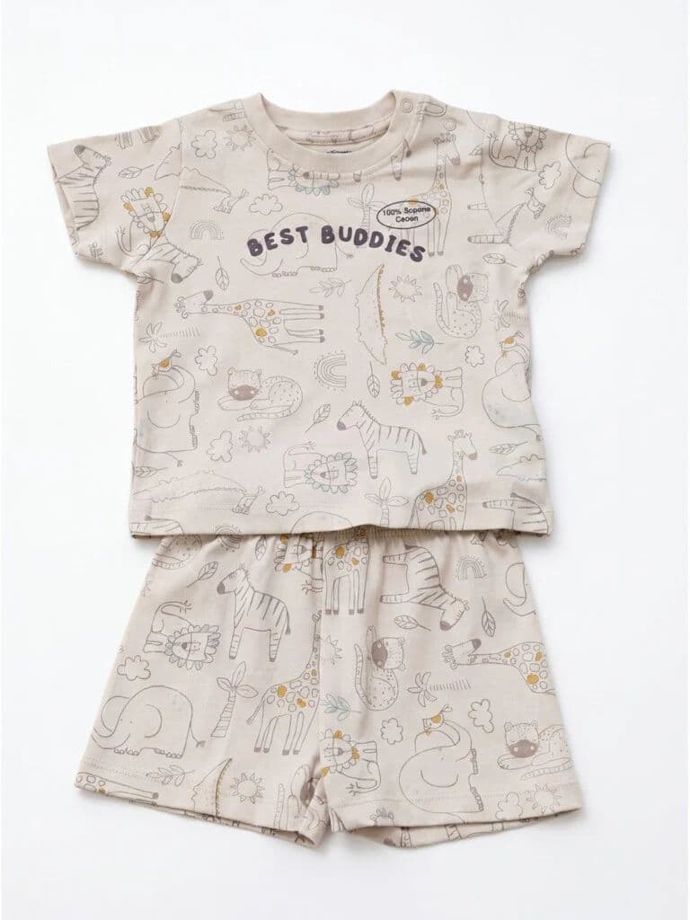 HOP Baby Boys Light Taupe Printed Cotton T-Shirt and Shorts Set