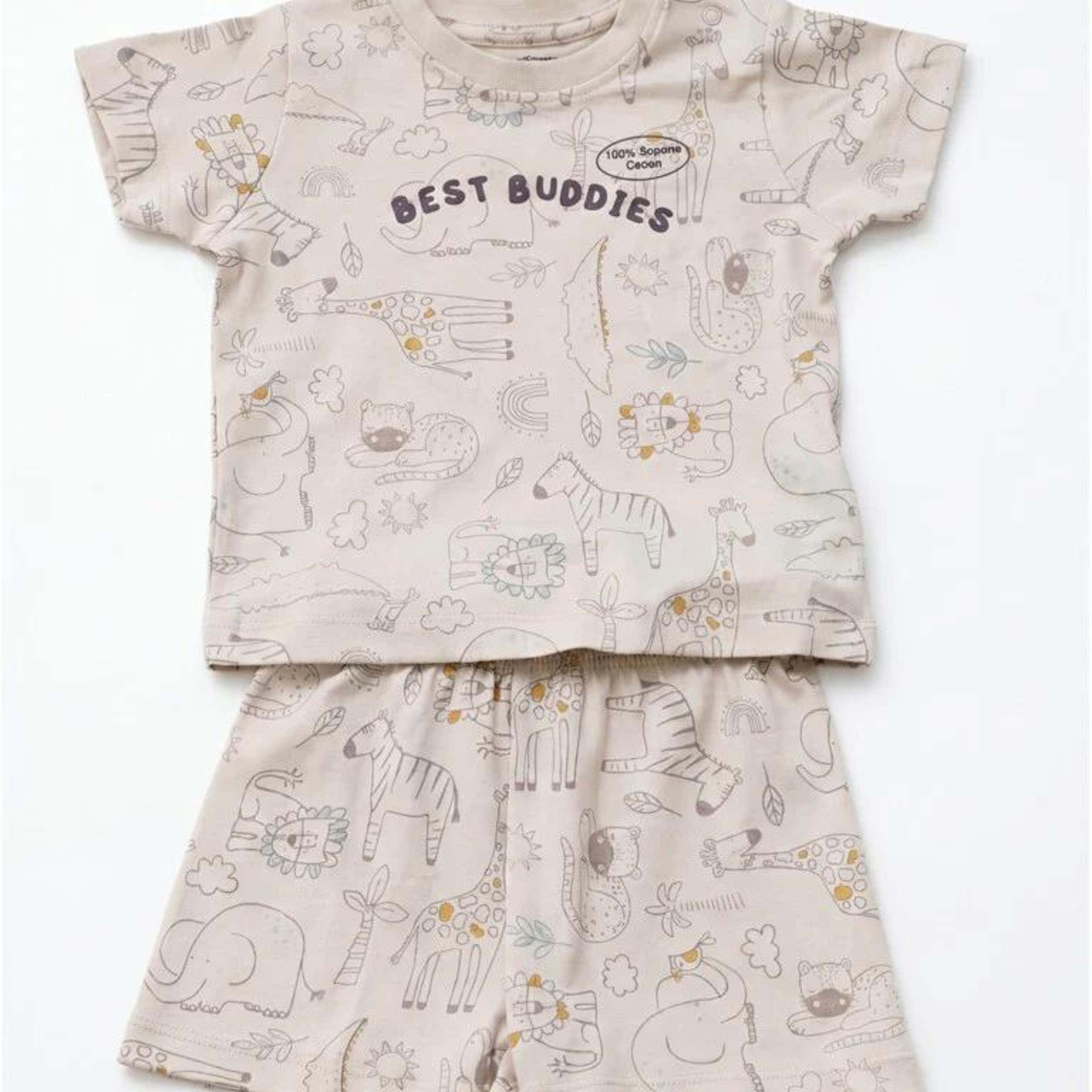 HOP Baby Boys Light Taupe Printed Cotton T-Shirt and Shorts Set