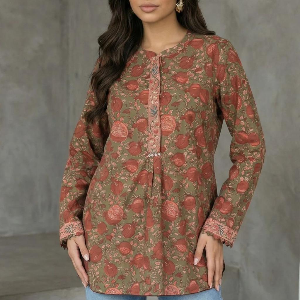 Olive Floral Printed Pure Cotton Straight Top