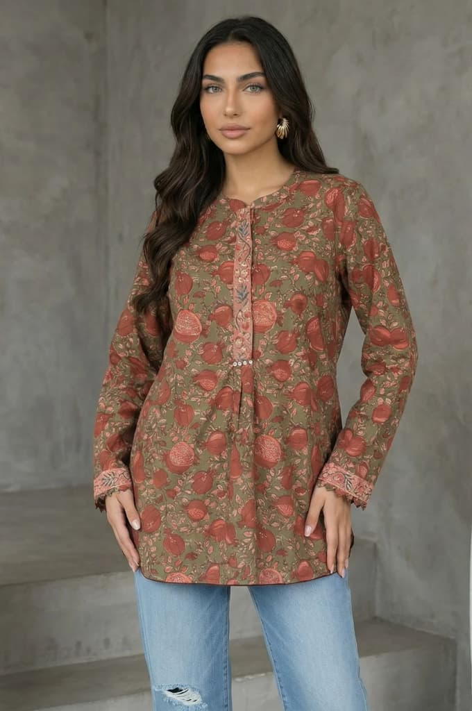 Olive Floral Printed Pure Cotton Straight Top — XS