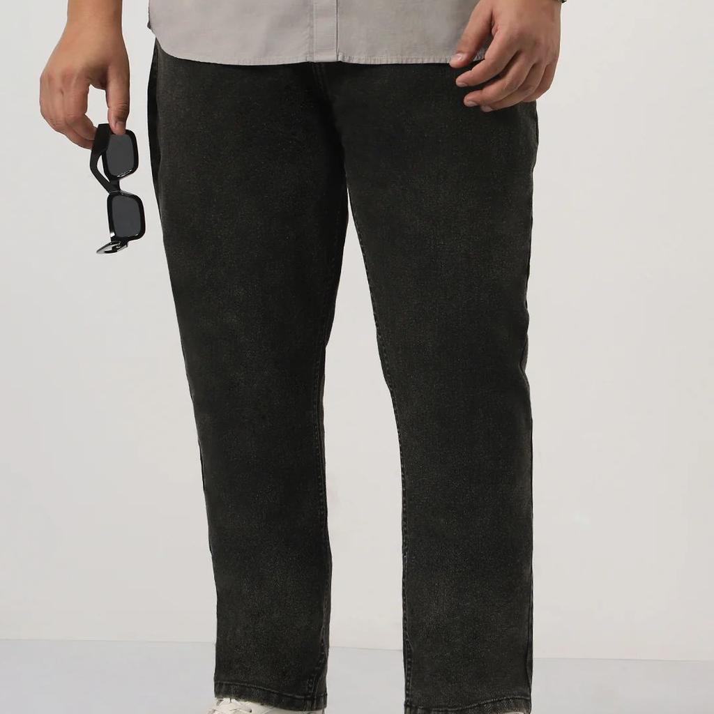 Plus Men's Black Straight Fit Heavy Washed Jeans Stretchable