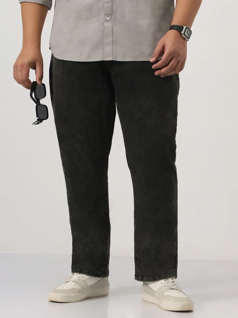 Plus Men's Black Straight Fit Heavy Washed Jeans Stretchable — 36 / Black