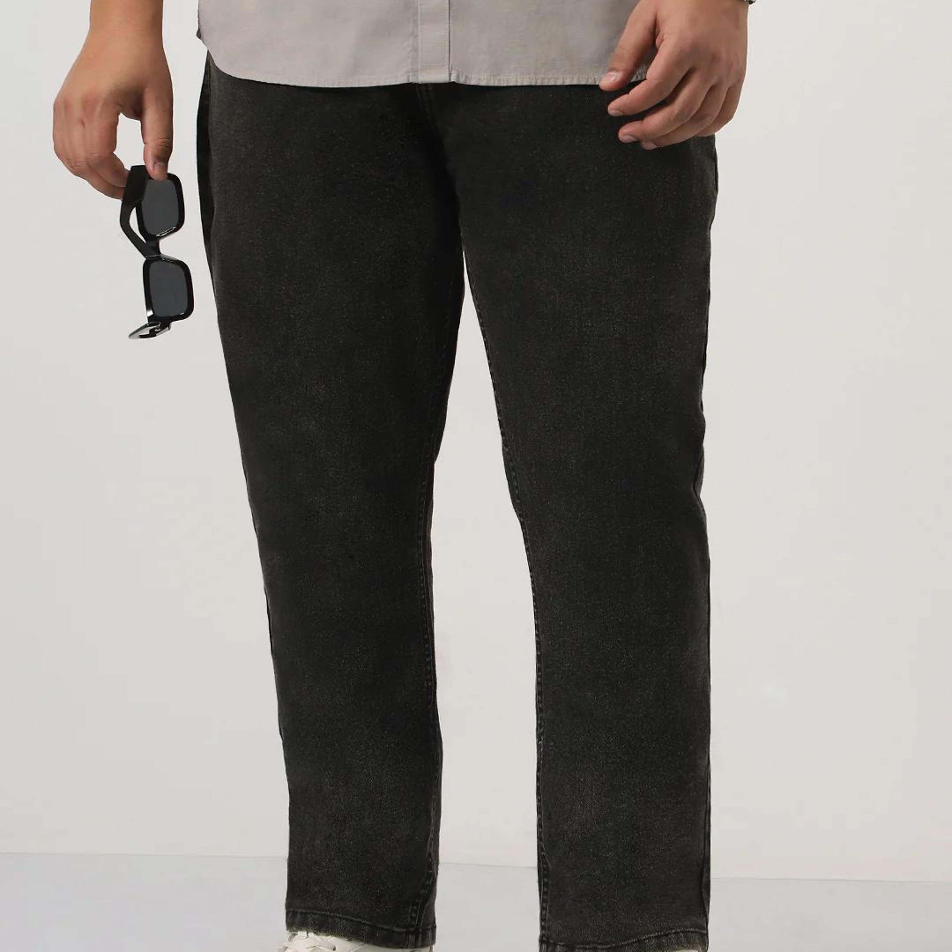 Plus Men's Black Straight Fit Heavy Washed Jeans Stretchable