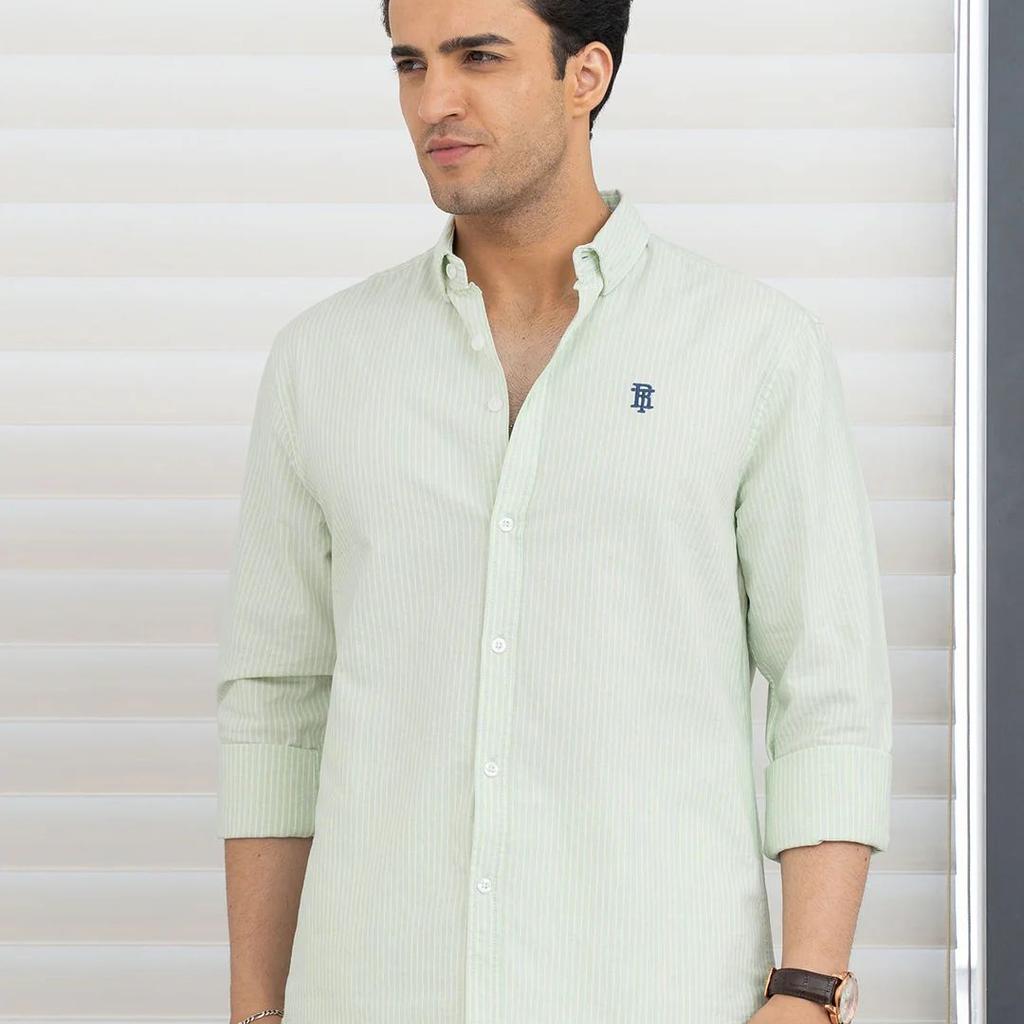 Shirts for Men in Light Green | Stripe Oxford Full Sleeve Shirt