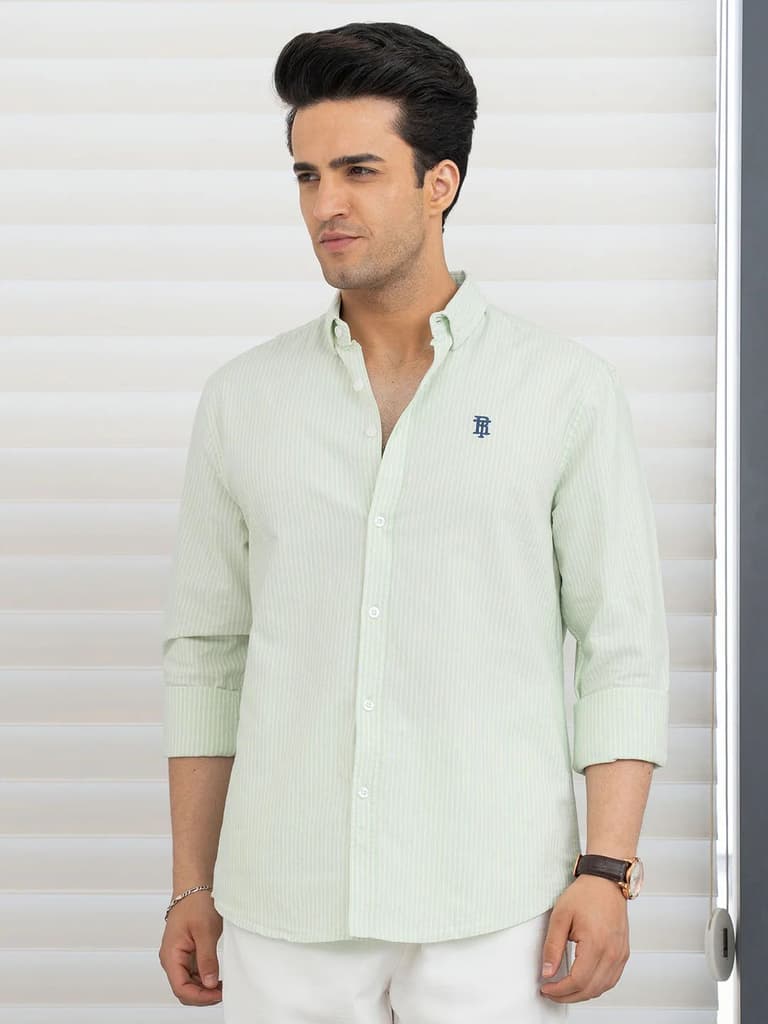 Shirts for Men in Light Green | Stripe Oxford Full Sleeve Shirt — S / Light Green