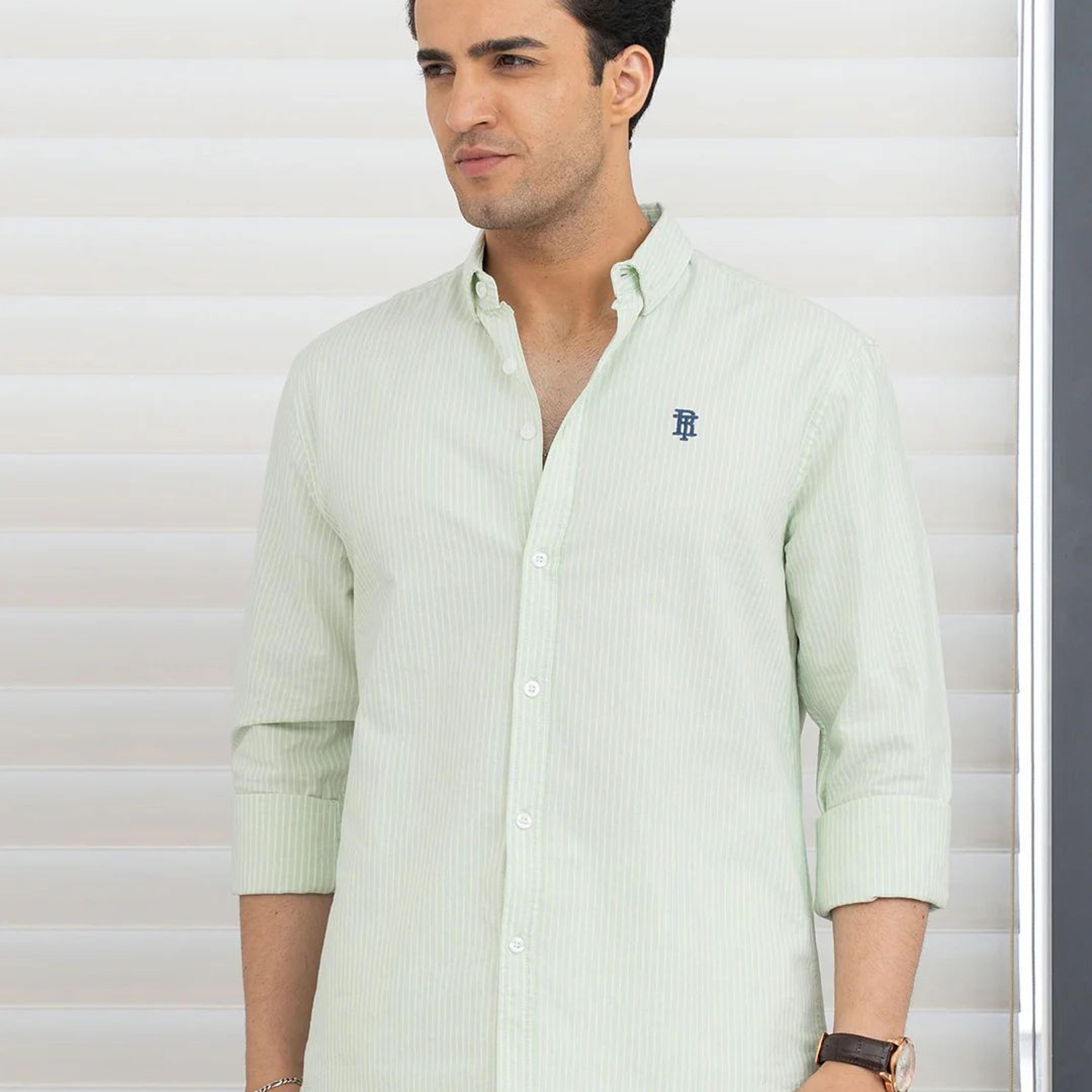 Shirts for Men in Light Green | Stripe Oxford Full Sleeve Shirt