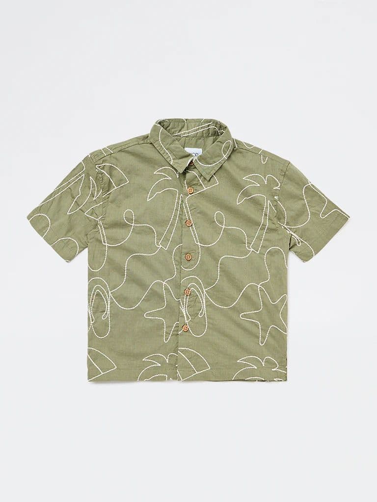 HOP Kids Boys Olive Embroidered Cotton Shirt — photo 3