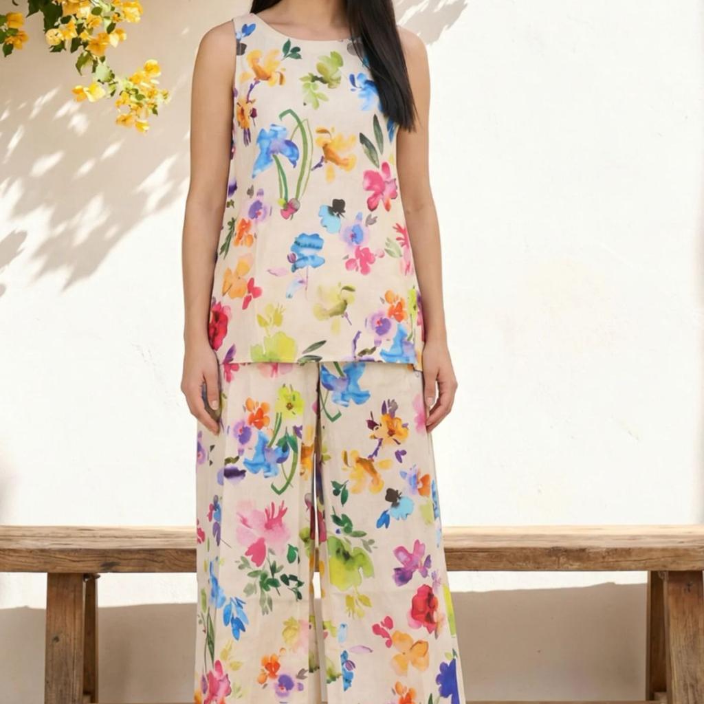 Multicolor Floral Printed Cotton Blend Straight Top and Pants Co-ord Set