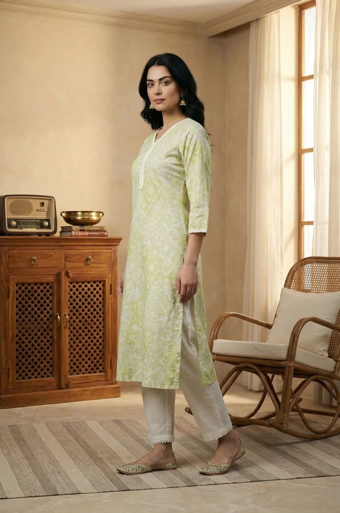 Lime Green Lace Floral Printed Pure Cotton Straight Kurta — photo 6
