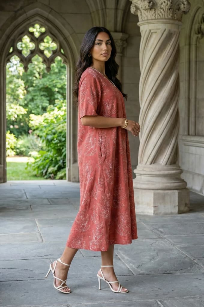 Rust Floral Printed Rayon A-line Dress — photo 6