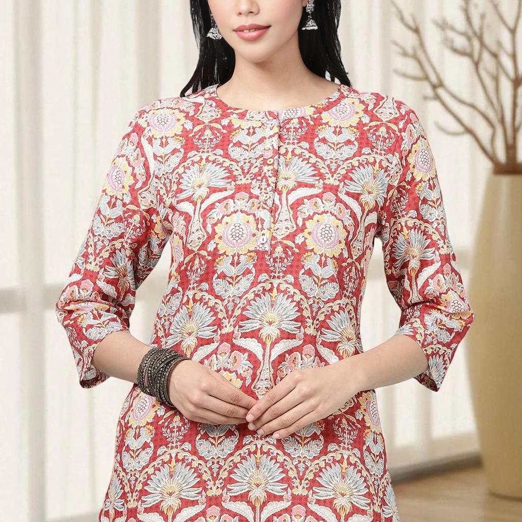 Red Floral Printed Cotton Slub Short Kurti