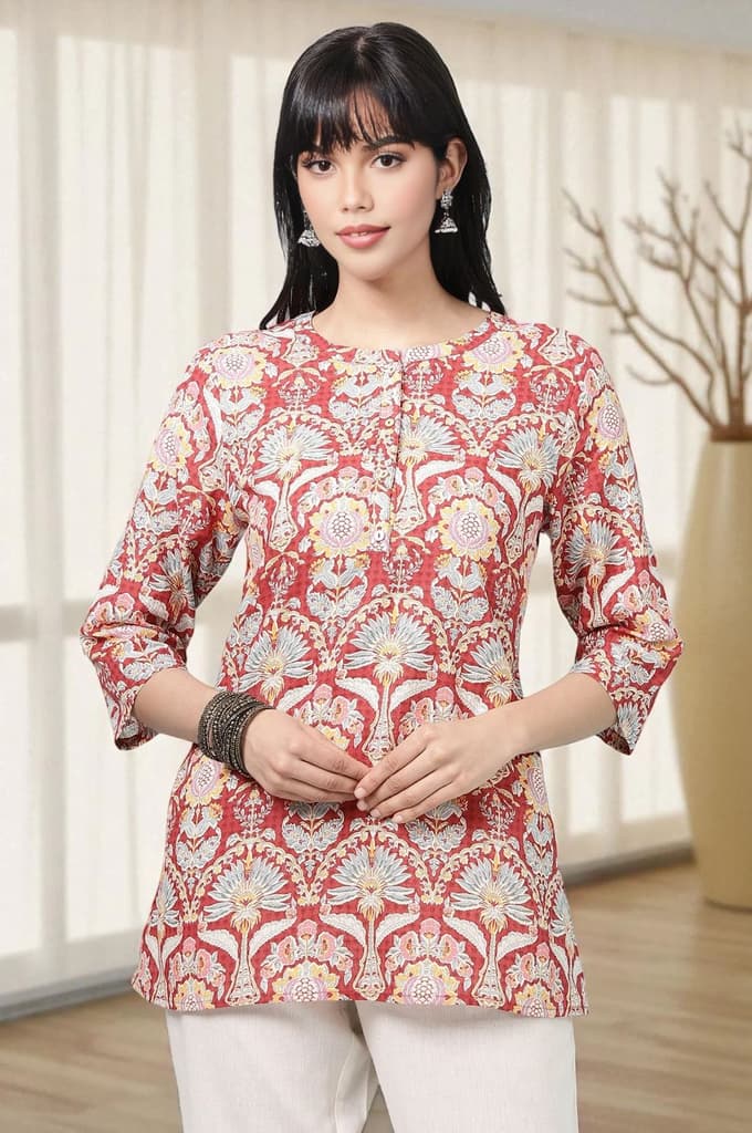 Red Floral Printed Cotton Slub Short Kurti — XS