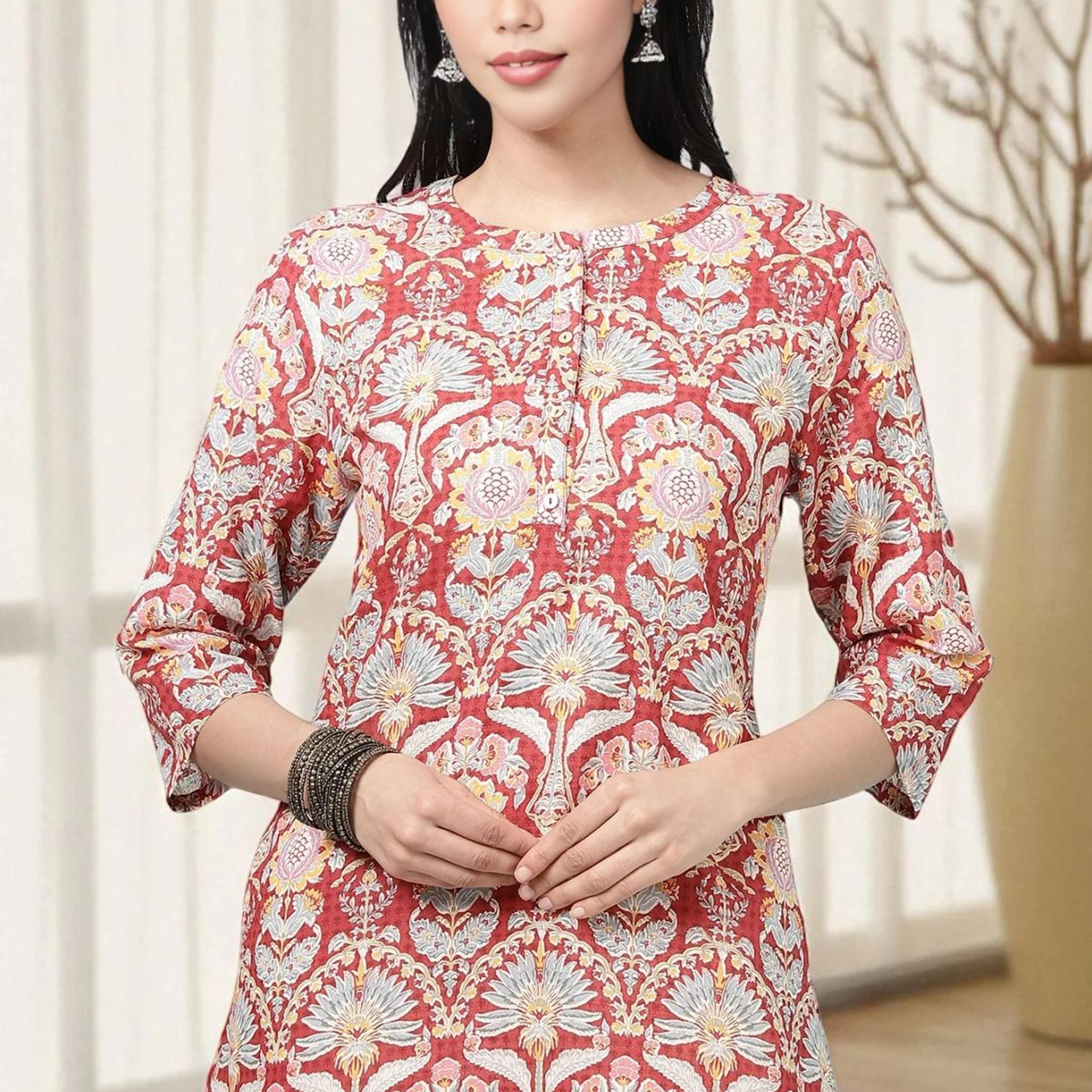 Red Floral Printed Cotton Slub Short Kurti