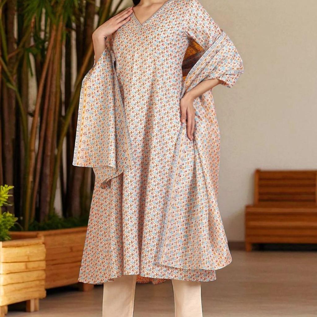 Off-White Floral Printed Pure Cotton Flared Kurta, Pants and Dupatta Set
