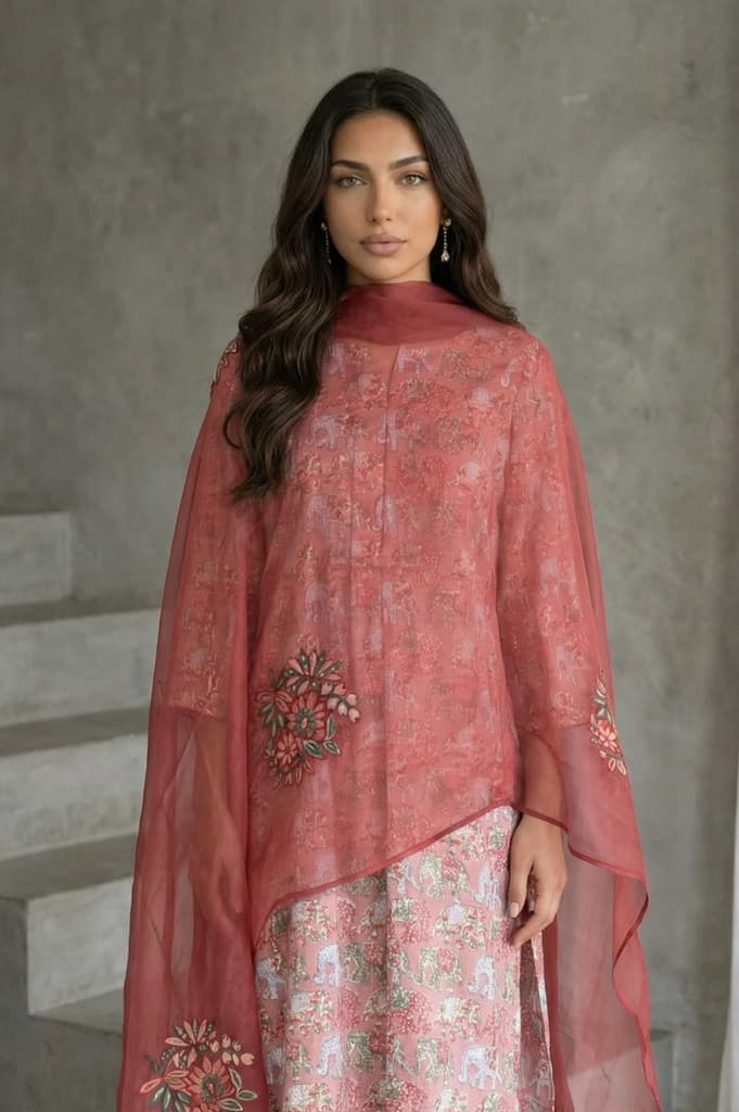 Maroon Floral Embroidered Organza Dupatta — photo 6