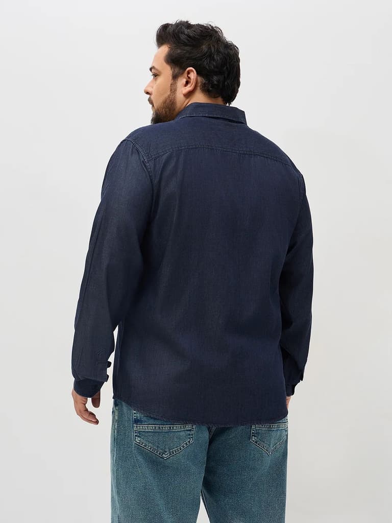 Plus Men's Dark Blue Regular Fit Full Sleeve Solid Denim Shirt — photo 4