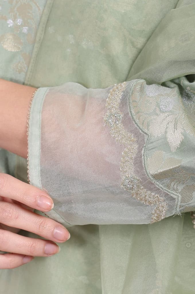 Green Embellished Straight Jacquard Kurta with Straight Pant and Dupatta Set — photo 7
