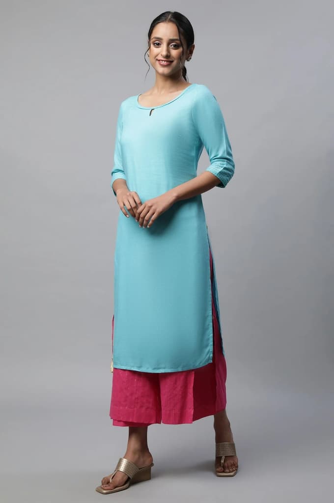 Pink Textured Straight Fit Cotton Palazzo With Drawstring Waist — photo 5