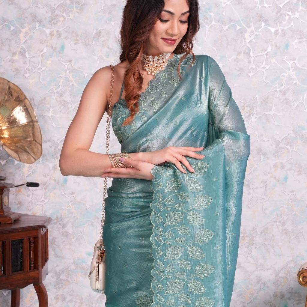 Mimosa Women's Woven Design Banarasi Style Tissue Crush Saree With Blouse Piece : SA00002013SFFREE