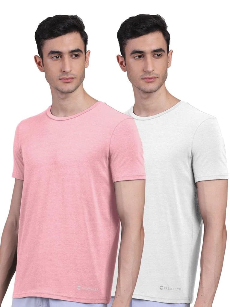 Men's Half Sleeves Bamboo Undershirts (Loungewear & Sleepwear) - Pack of 2 — Pastel Peach; White / S / Men