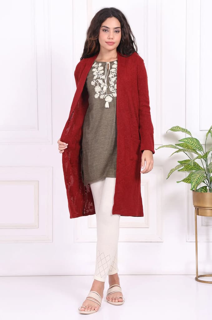 Red Solid Straight Knitting Cardigan — photo 2