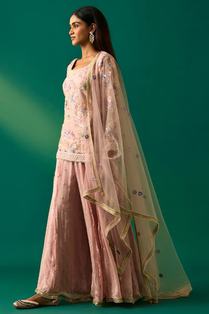 Pink Floral Embroidered Straight Kurta with Culotte and Dupatta Set — photo 3